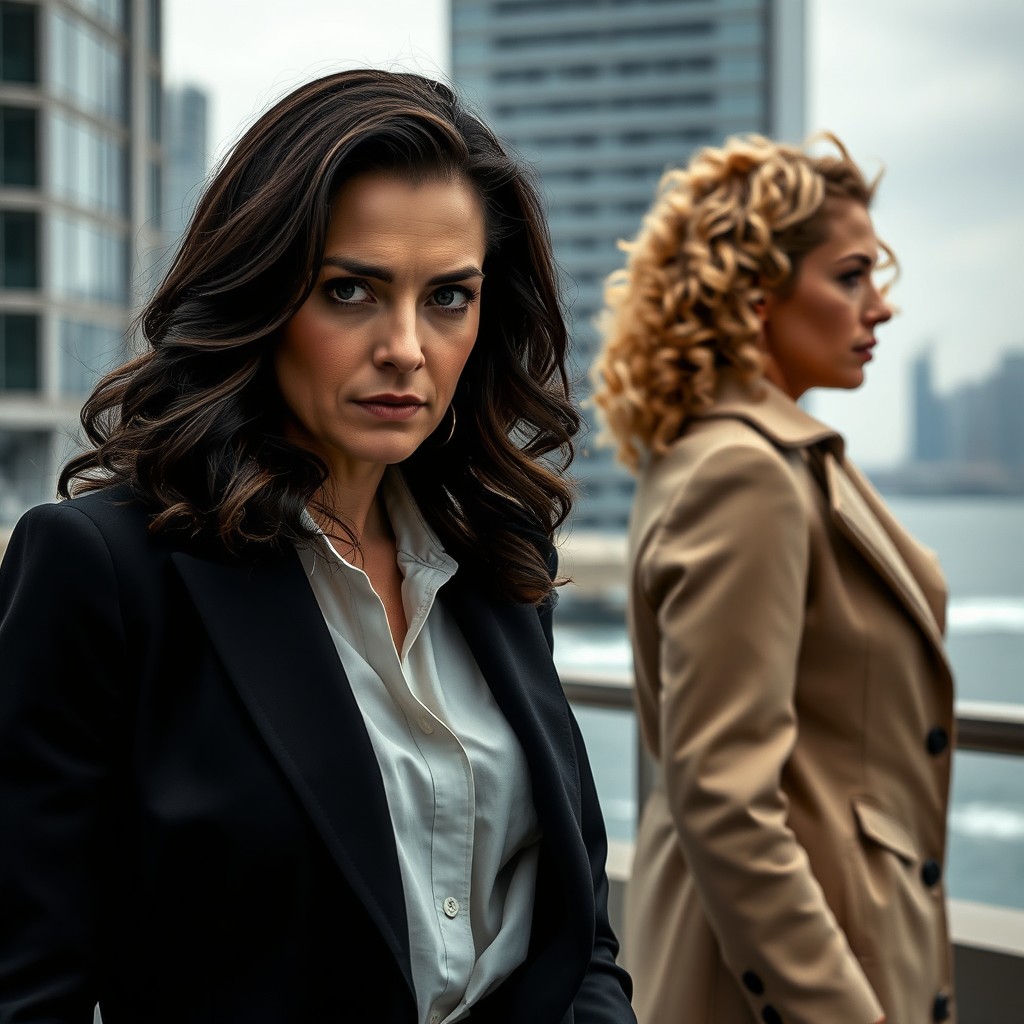 In the foreground, a woman with dark, wavy hair, displaying a serious and introspective expression