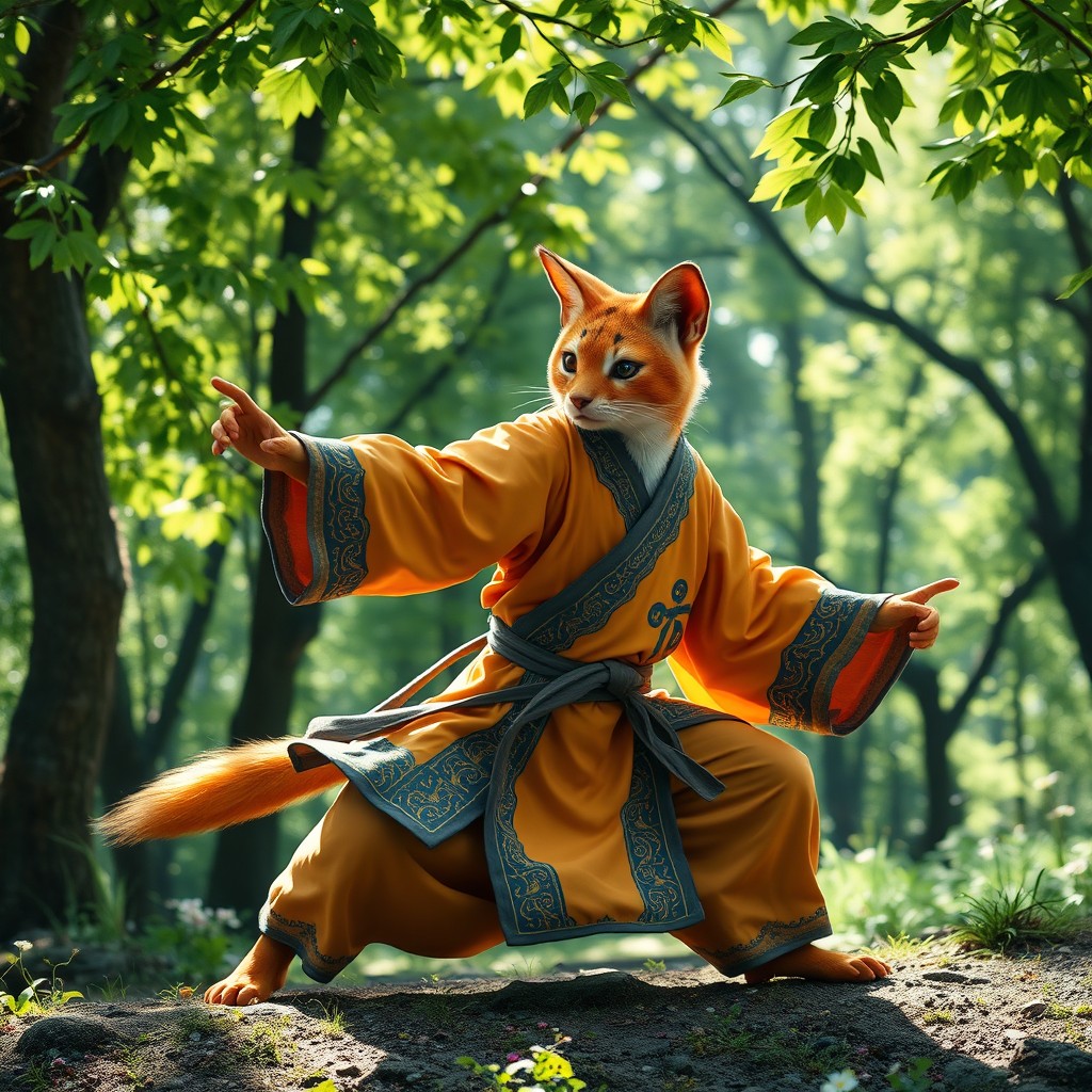 An orange tabaxi monk in a serene forest setting, practicing martial arts in a dynamic pose