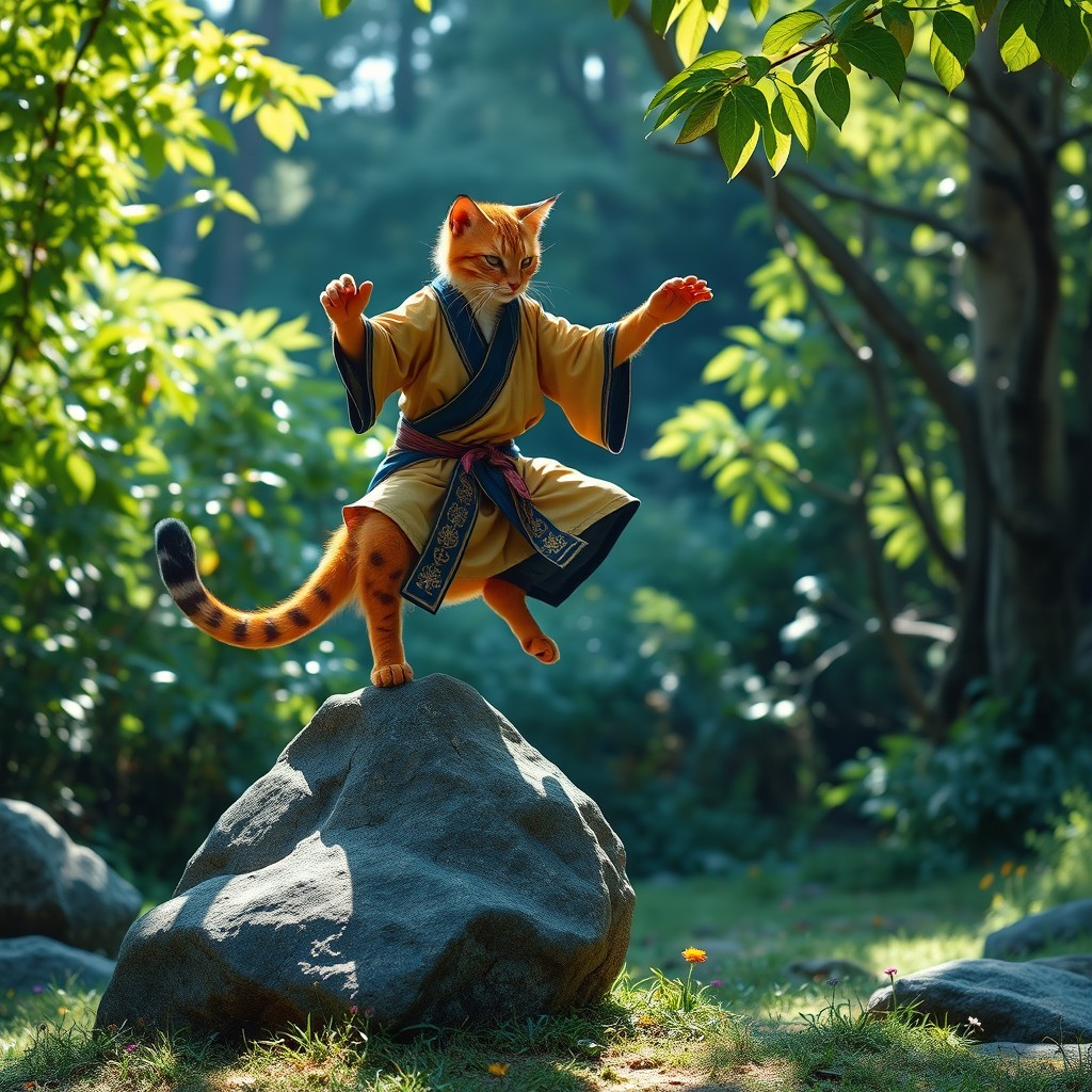 An orange tabaxi monk gracefully poised on one foot atop a smooth rock in a tranquil forest glade, demonstrating a martial arts stance