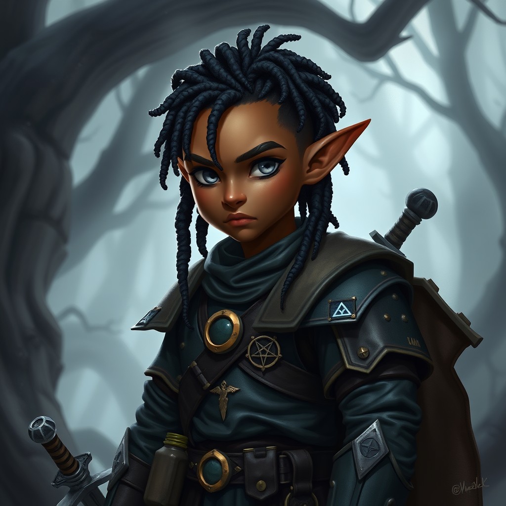 A male Ghostwise Halfling Blood Hunter character, depicted in a mystical and adventurous setting