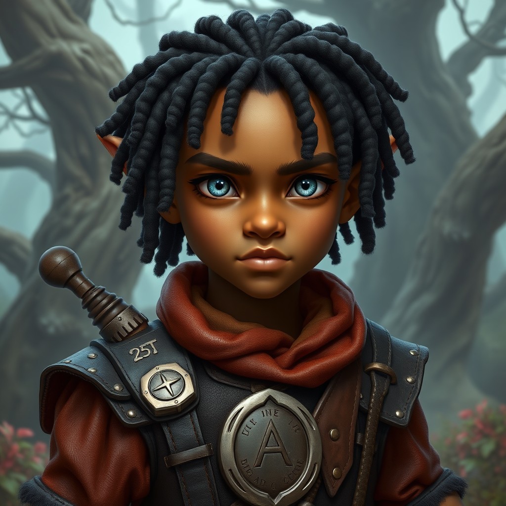 A male Ghostwise Halfling Blood Hunter character, captured in a vibrant fantasy landscape