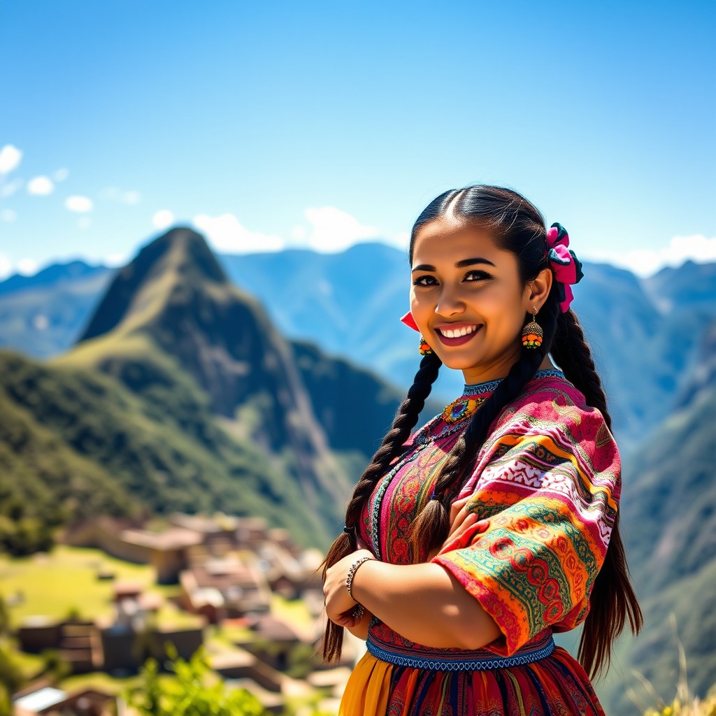A beautiful Andean woman proudly displaying her cultural heritage while posing confidently
