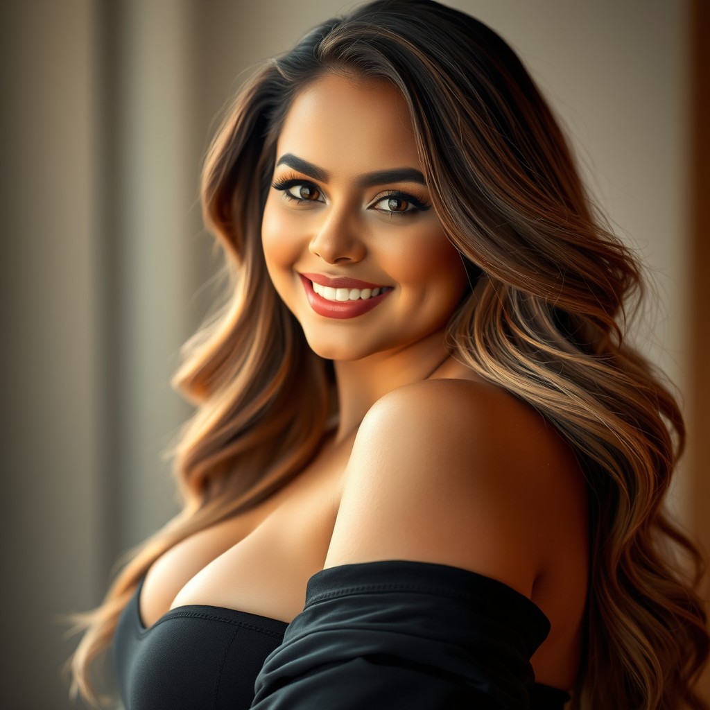 A stunning portrait of a voluptuous woman with curvy features, showcasing her confidence and beauty