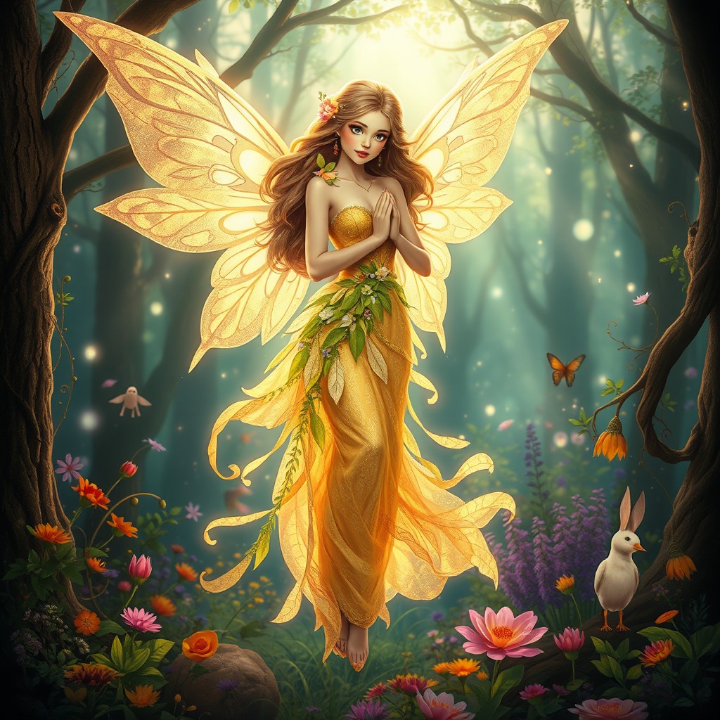 A beautiful and noble fairy with intricate, translucent wings reflecting sunlight, dressed in an elegant gown made of shimmering leaves and petals