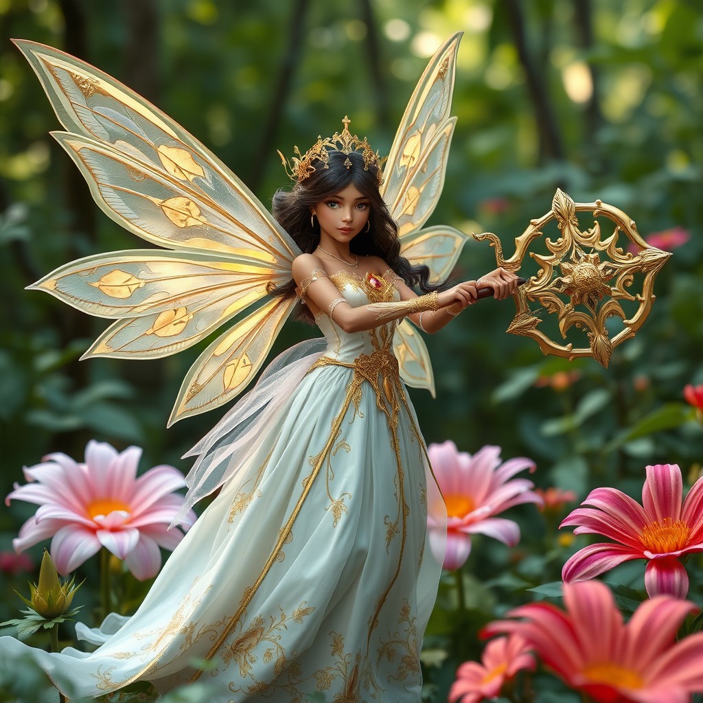 A fairy with translucent, glowing, delicate, and iridescent wings in a royal white-and-gold cleric gown featuring celestial holy patterns, designed to be lighter and more flowing