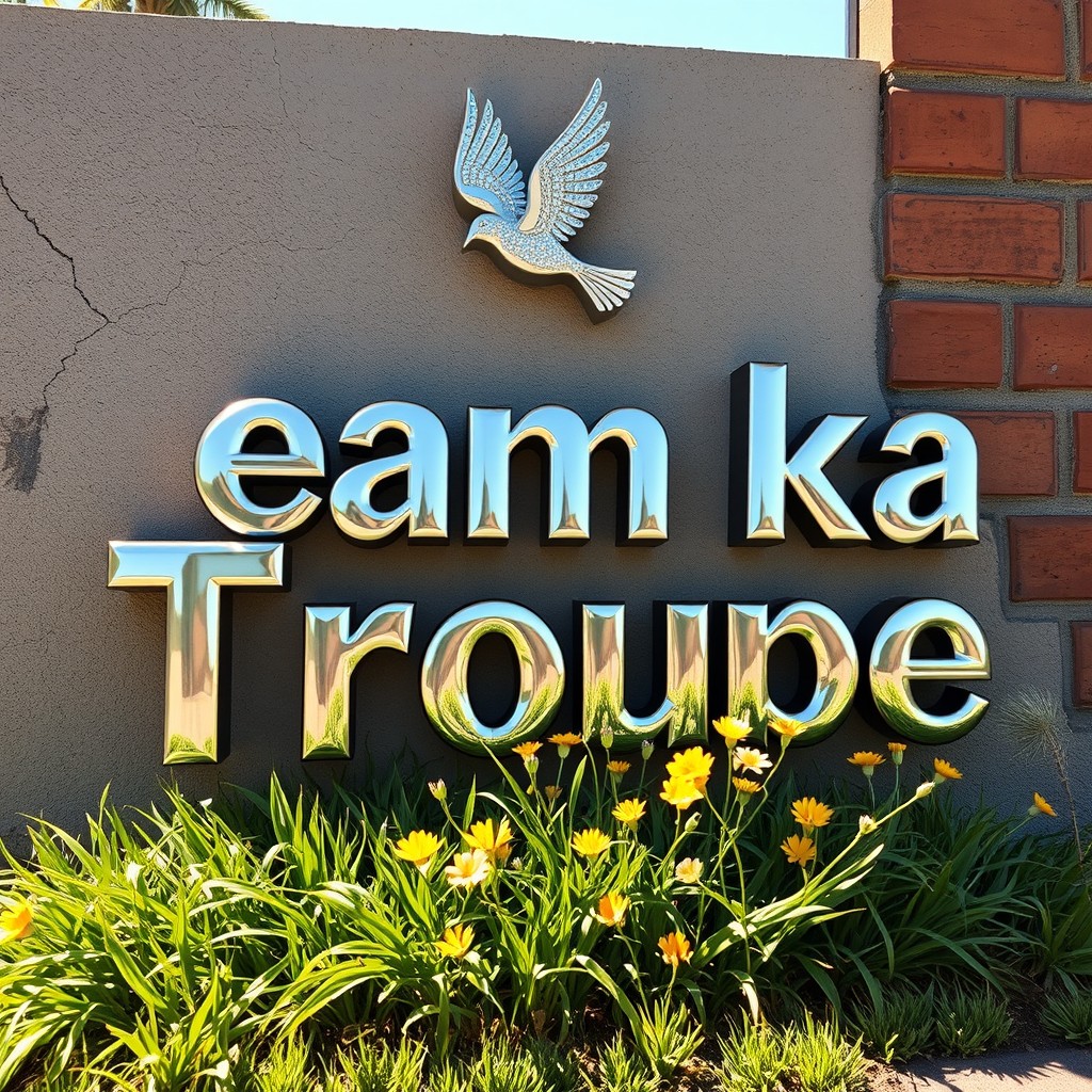 A 3D metallic chrome text that reads "Team ka Troupe" embellished with small diamonds, showcasing a striking shadow reflection