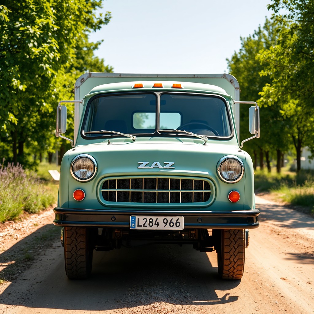 A detailed image of a ZAZ 966 COE truck showcasing its unique boxy shape, vintage design with rounded edges, light green color, and chrome details