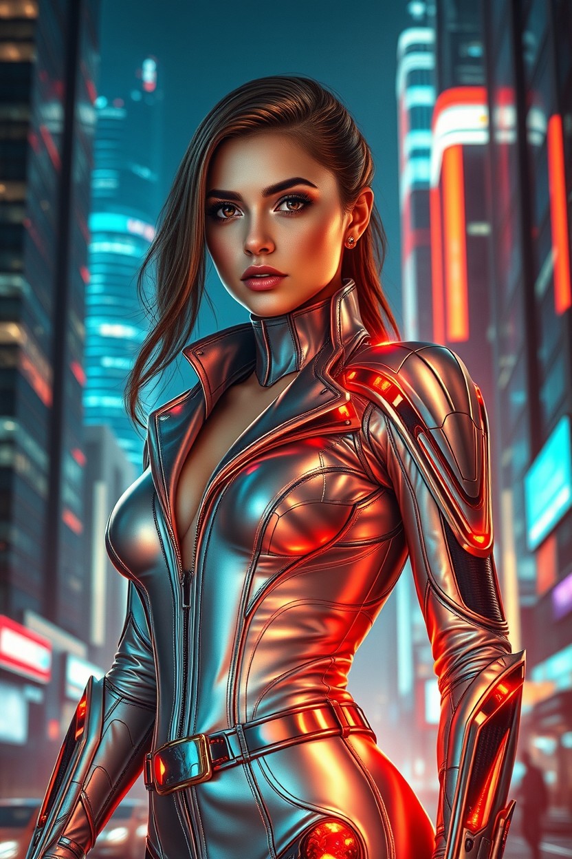 A striking visual depicting a woman who embodies the perfect fusion of organic grace and metallic precision in a cyberpunk aesthetic