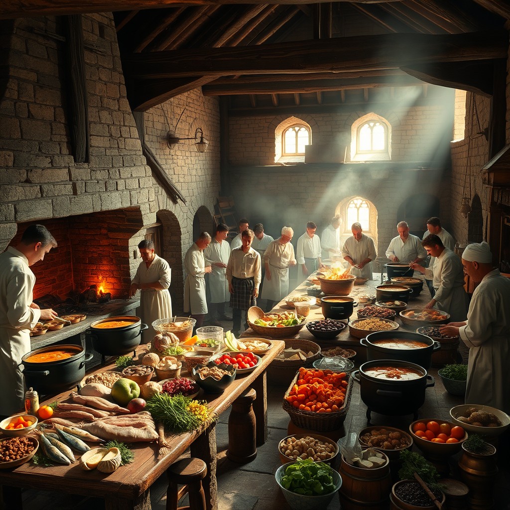 A bustling medieval castle kitchen filled with activity, showcasing chefs and kitchen staff preparing large quantities of food over open fires