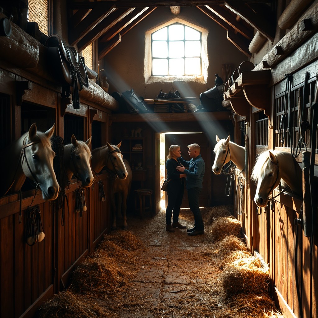 An authentic medieval castle stable filled with rustic charm, showcasing the care given to horses owned by the lord and his household