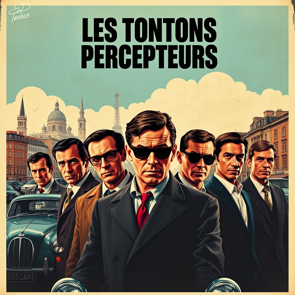 A movie poster in the style of classic French films, specifically reminiscent of 'Les Tontons Flingueurs'