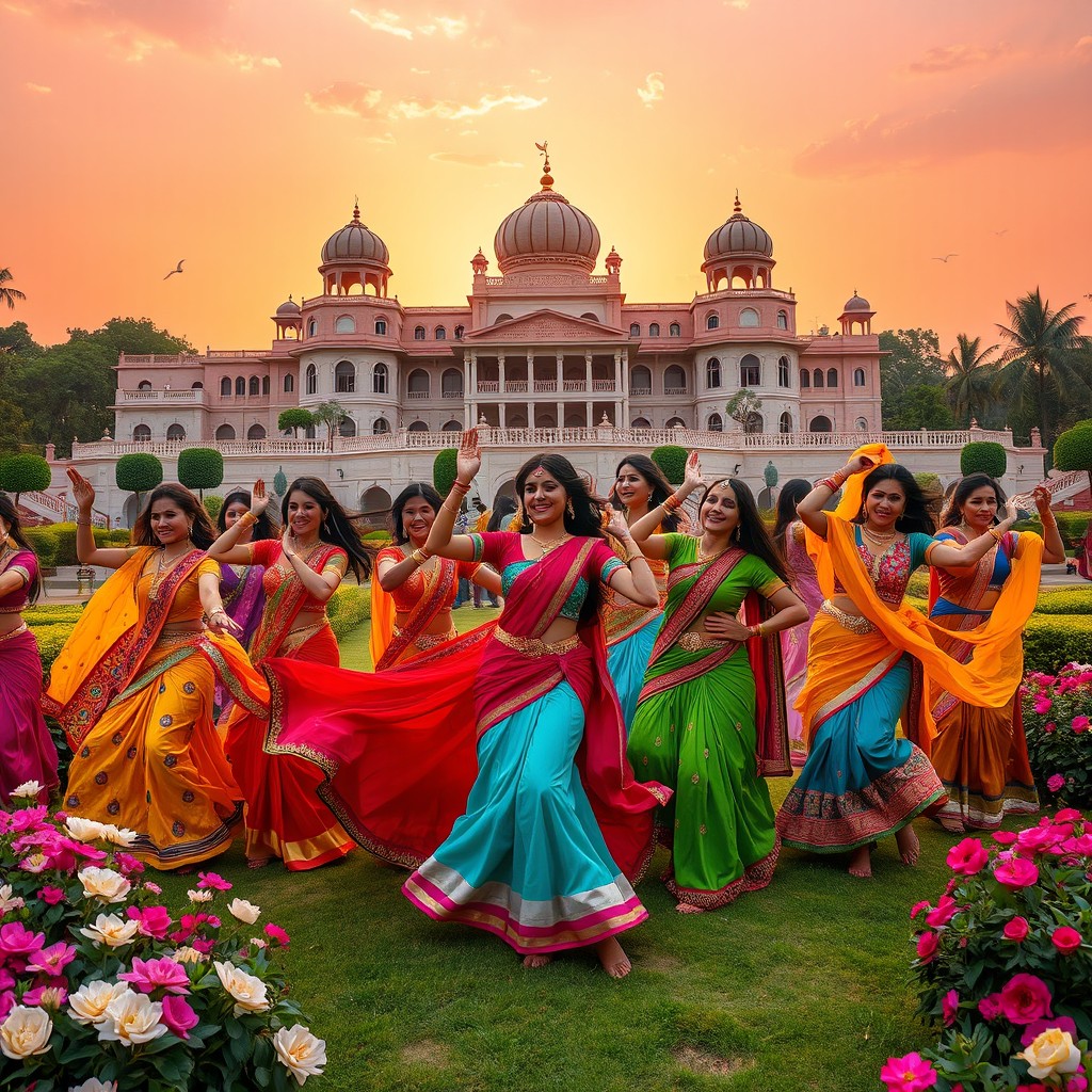 A vibrant Bollywood dance scene featuring a group of lively dancers in colorful traditional attire, dancing exuberantly against the backdrop of a grand Indian palace