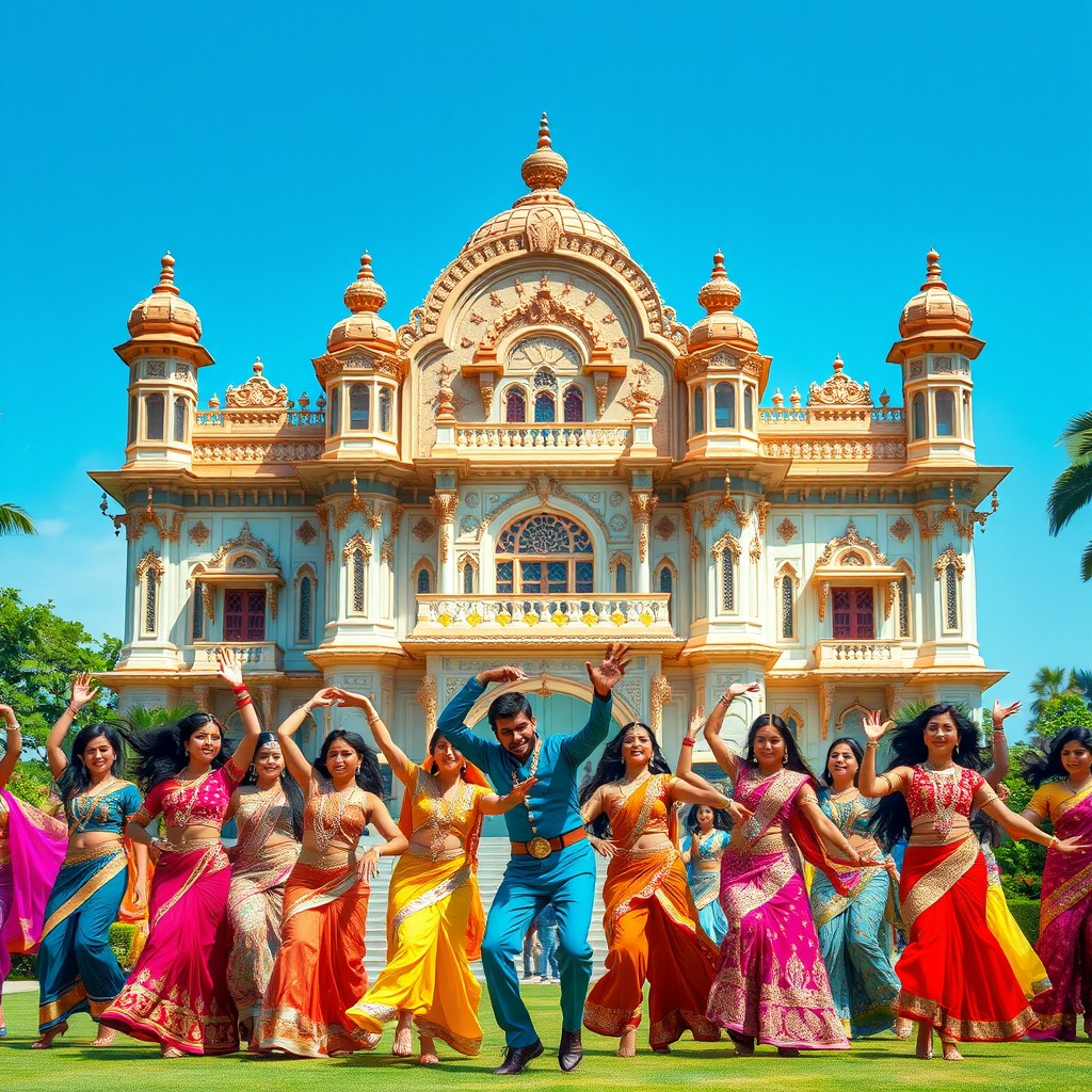 A vibrant and colorful Bollywood film set showcasing a scene from a musical number