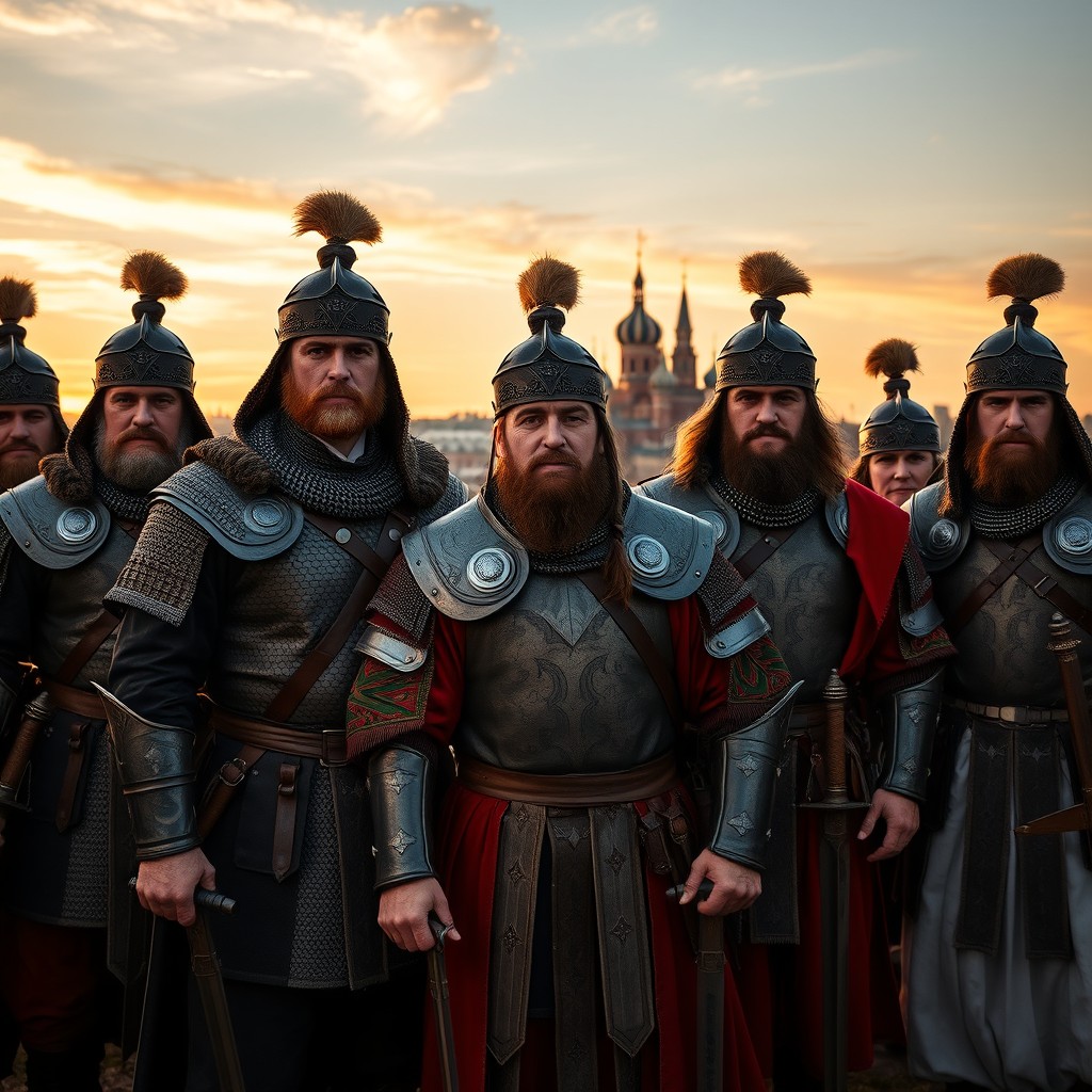 A group of Russian warriors, known as the Druzhina, standing proudly in the foreground, dressed in authentic medieval armor and traditional attire, showcasing intricate details like chainmail and swords