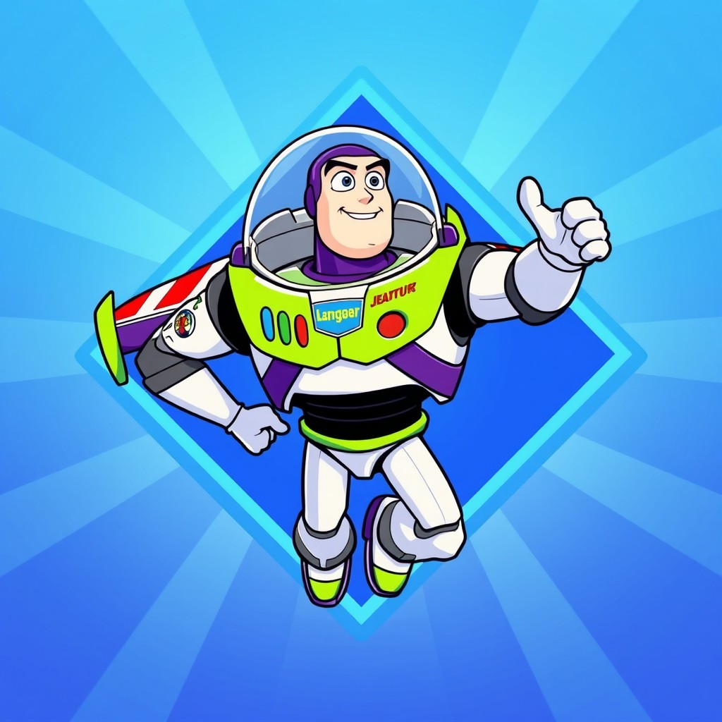 A stylized illustration of Buzz Lightyear, the iconic character from Toy Story, depicted within a blue diamond shape (losange)