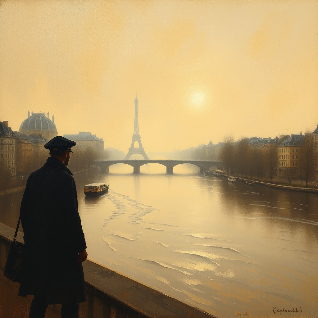 A gloomy view of the Seine River in 1950, portrayed in the Romantic painting style