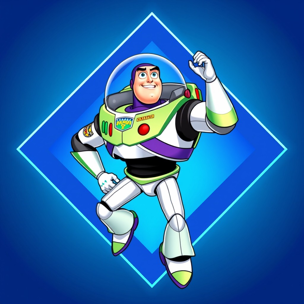 An artistic representation of Buzz Lightyear enclosed within a blue diamond shape (losange)