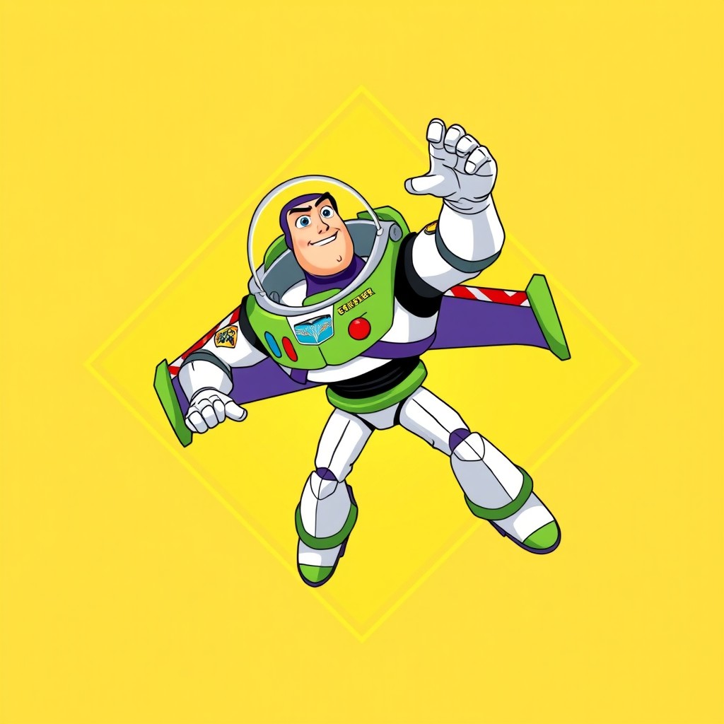 A dynamic illustration of Buzz Lightyear, the space ranger from Toy Story, placed inside a yellow diamond shape (losange)