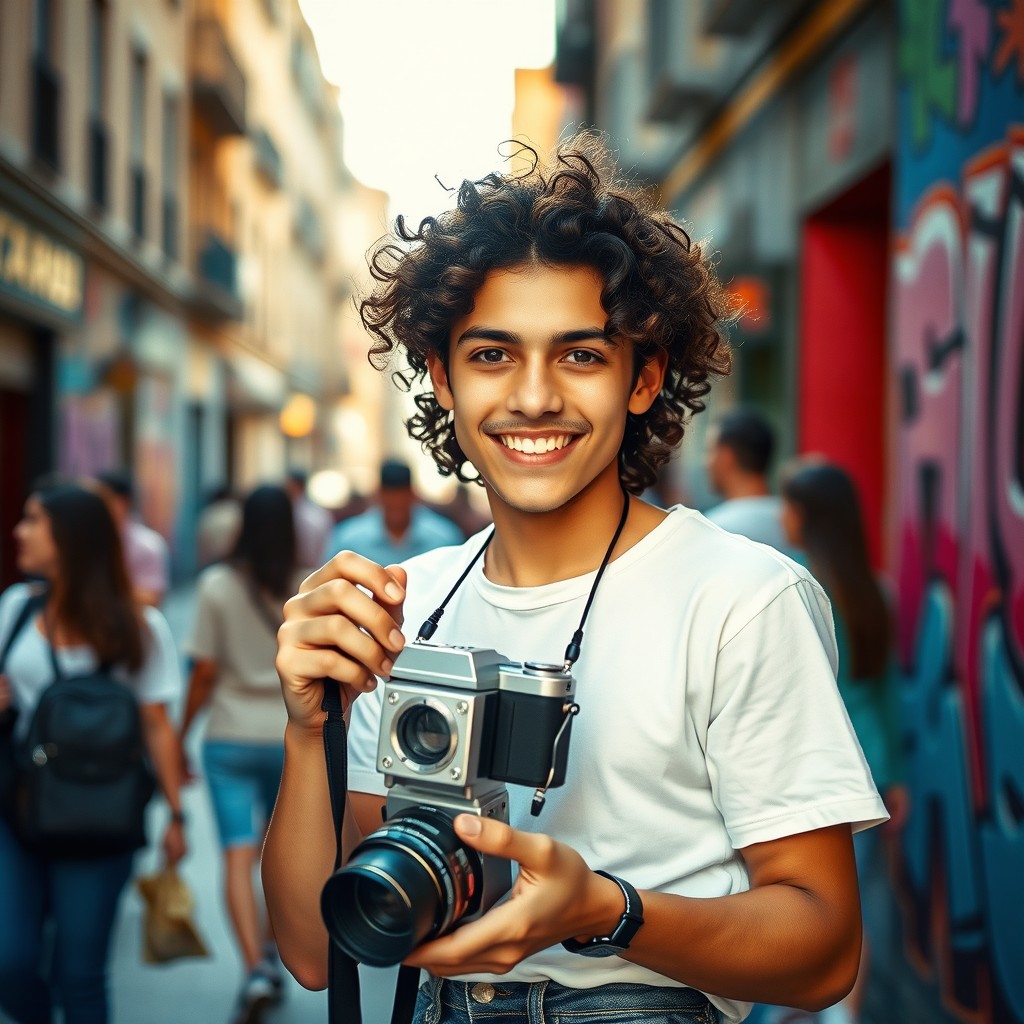 A charming young man named Habibi with a playful smile, holding a vintage film camera in his hands, standing against a vibrant city backdrop