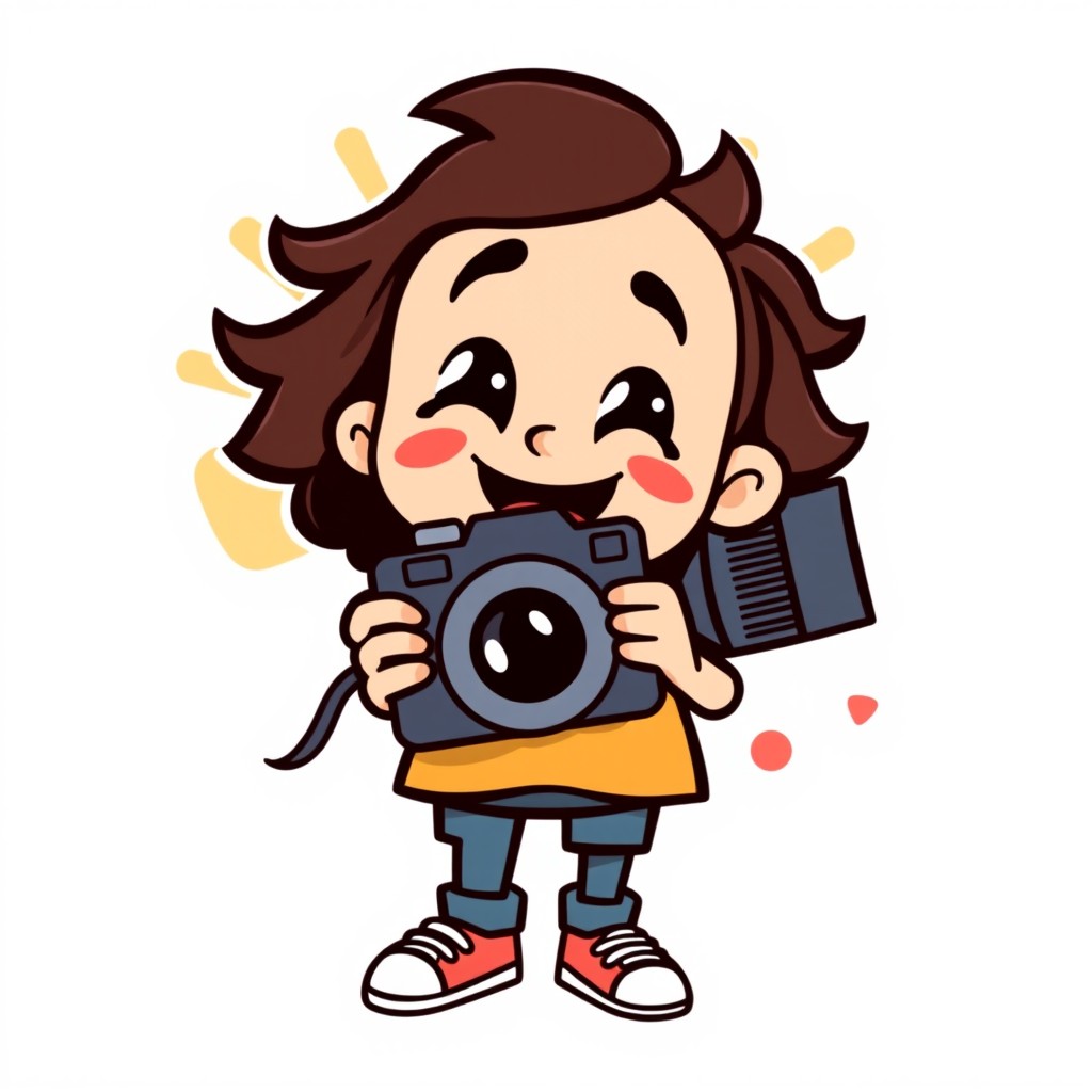 A stylized logo design featuring a character named Habibi, joyfully holding a graphic camera