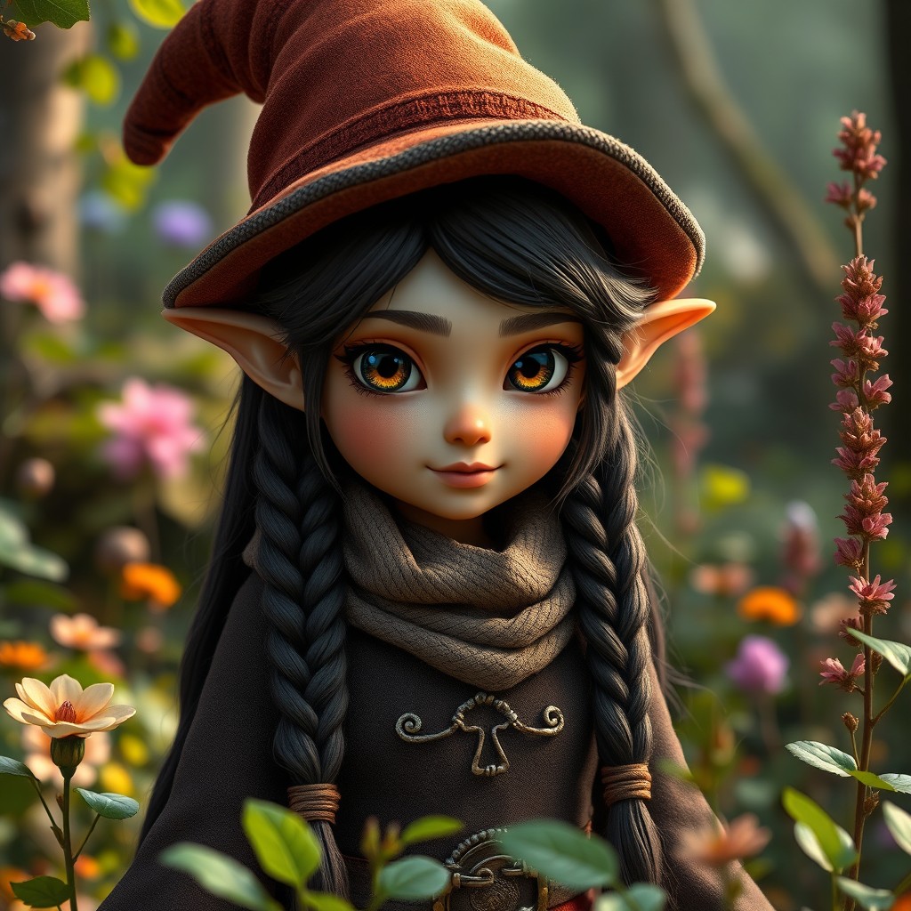 A female rock gnome character with dark brown braided hair and brown eyes