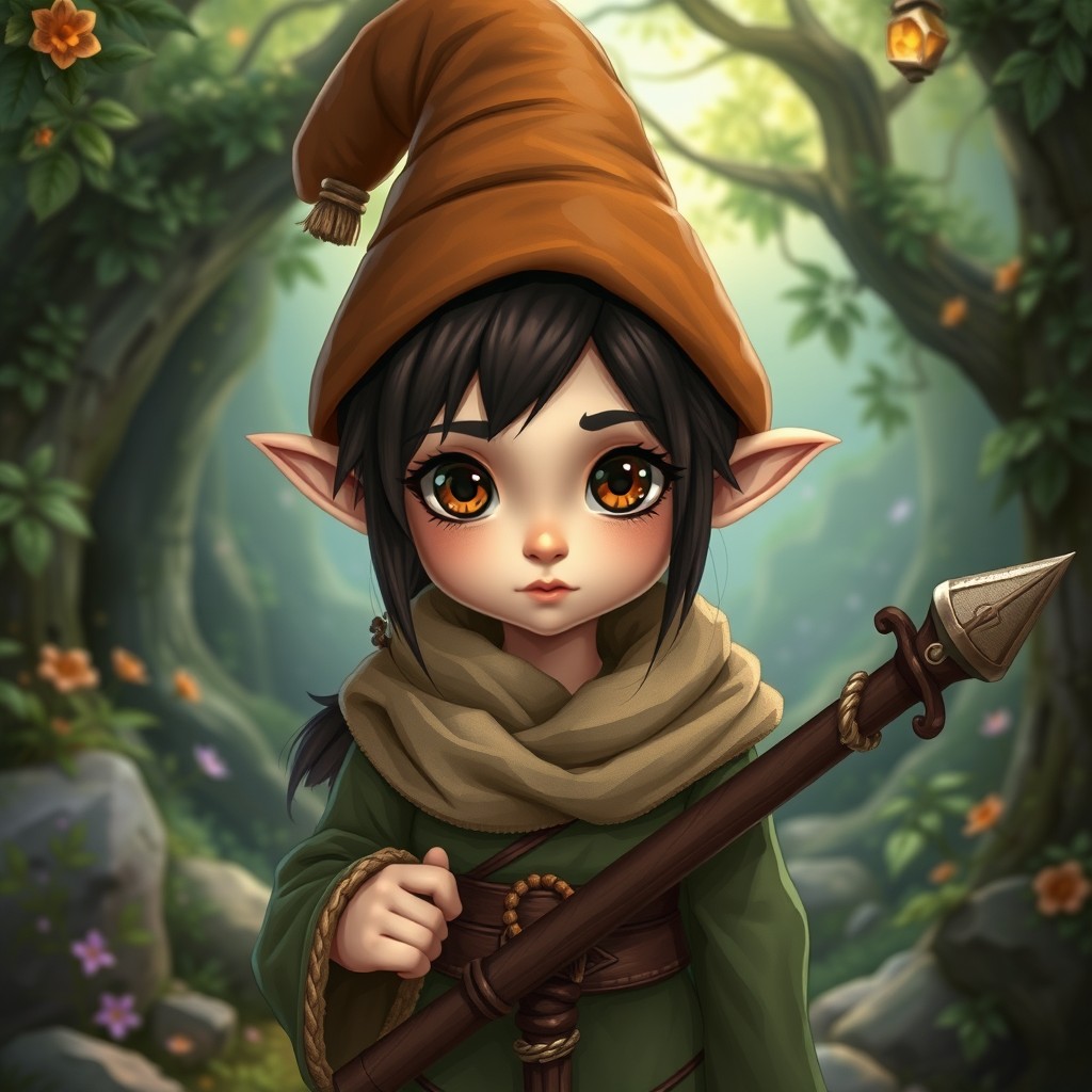 A female rock gnome character with dark brown hair and brown eyes, dressed in earthy green elf-style clothing that reflects a natural aesthetic