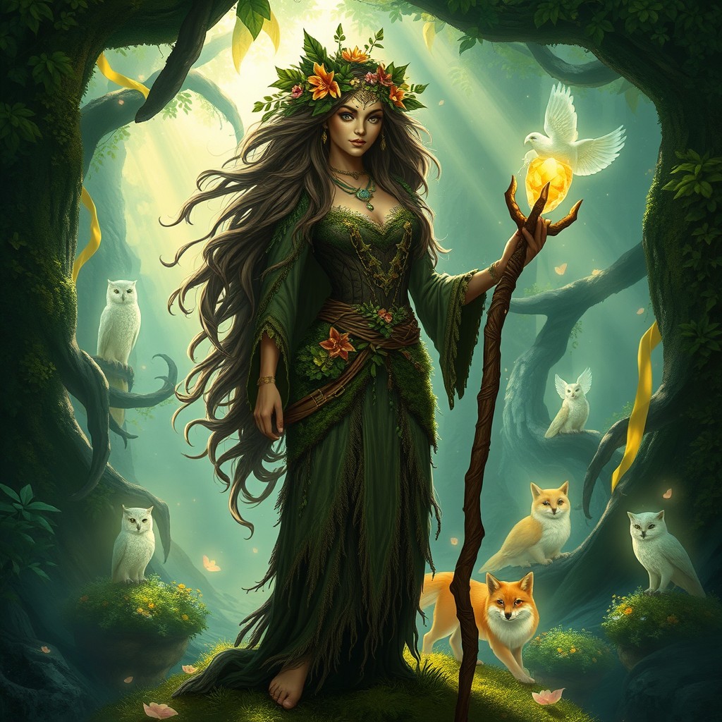 A majestic and serene druid character standing in a lush, enchanted forest
