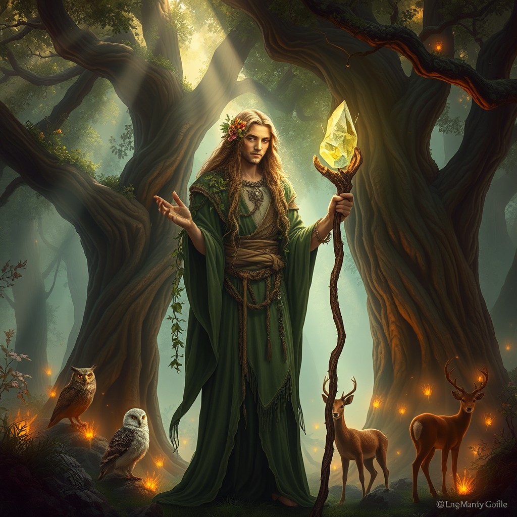 A mystical druid standing in an ancient forest, surrounded by towering trees and glowing plants