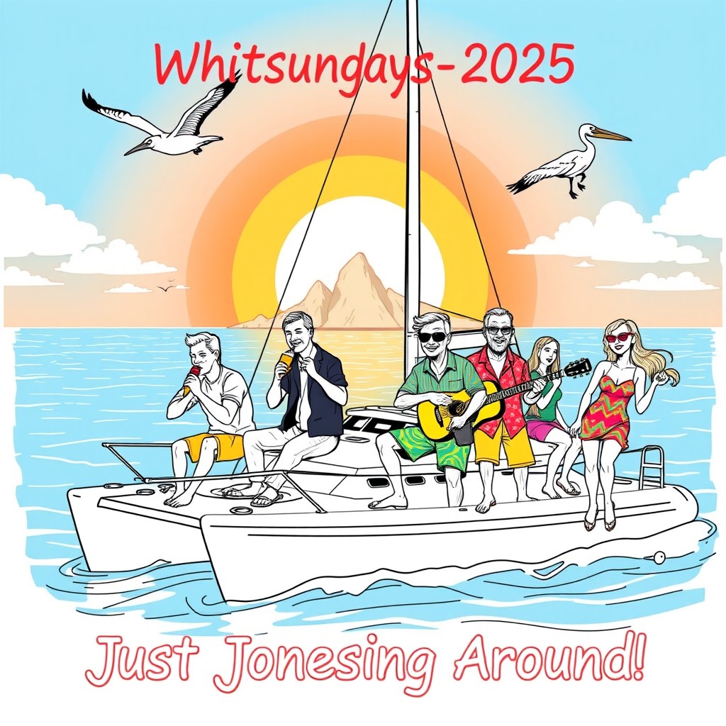 A Hawaiian pen outline style illustration of a lively sailing scene featuring a group of 6 men and 2 women on a sailing catamaran