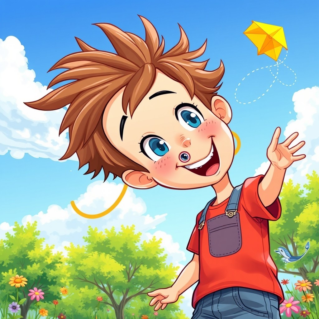 A vibrant illustration of a cheerful young boy enjoying a sunny day outdoors