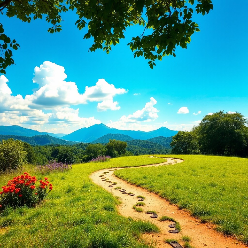 A serene and tranquil landscape showcasing the beauty of nature, featuring a winding path that symbolizes a journey, surrounded by lush greenery and vibrant flowers