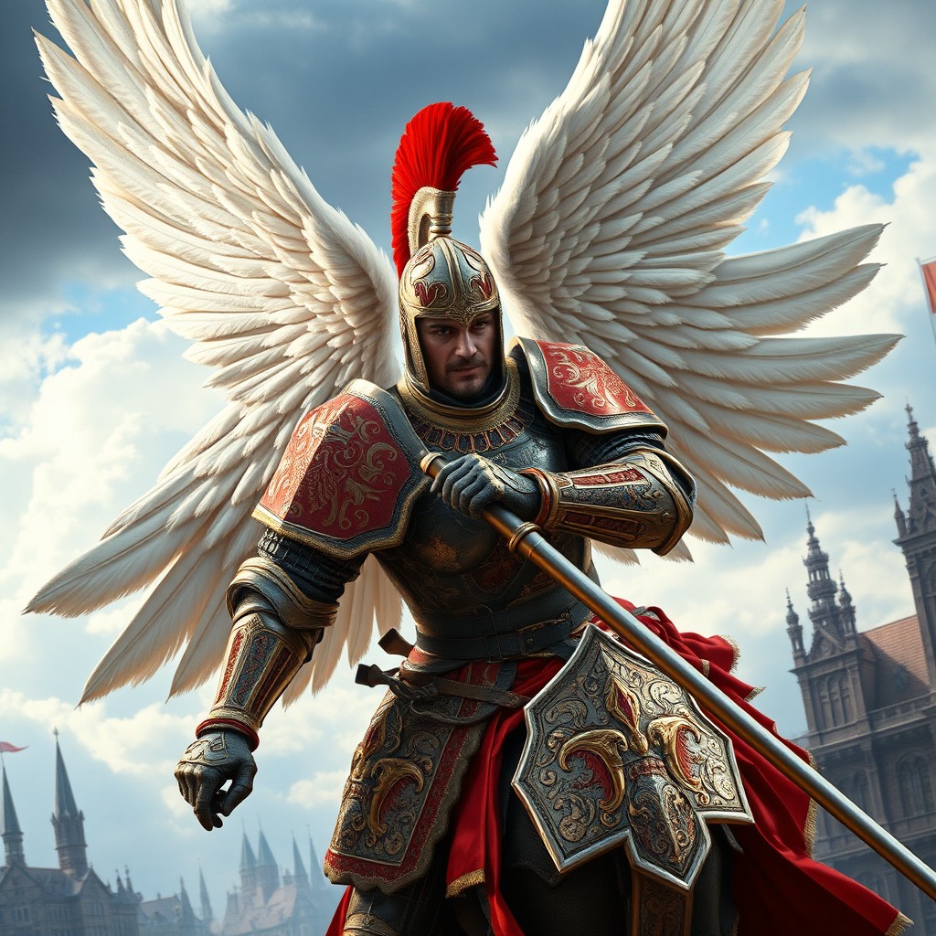 An ultra-realistic image of a winged hussar in stunning armor inspired by the historical style from the Kraków region
