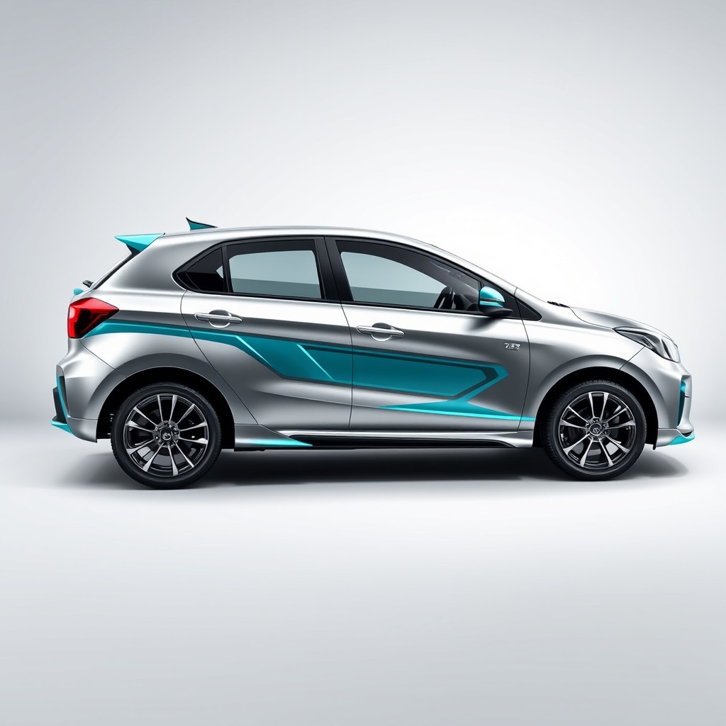 A realistic depiction of a Perodua Axia car painted in a striking silver and turquoise theme, inspired by the Mercedes-AMG Petronas F1 car from the 2020 season