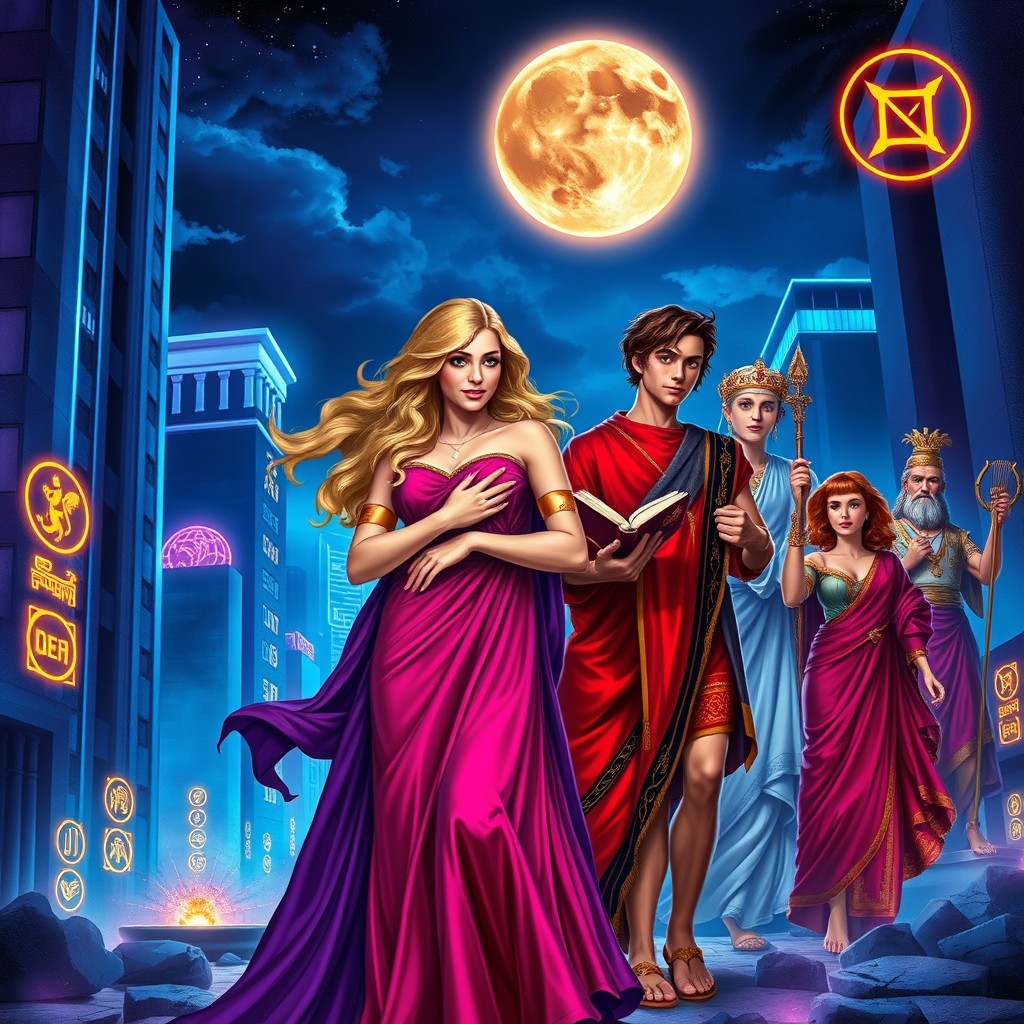 A fantasy book cover illustrating a modern night cityscape illuminated by blue and purple neon lights
