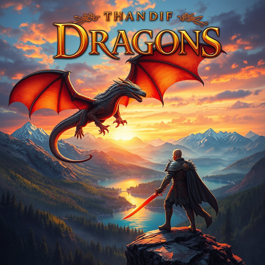 A captivating fantasy book cover design featuring a majestic dragon soaring over a mystical landscape