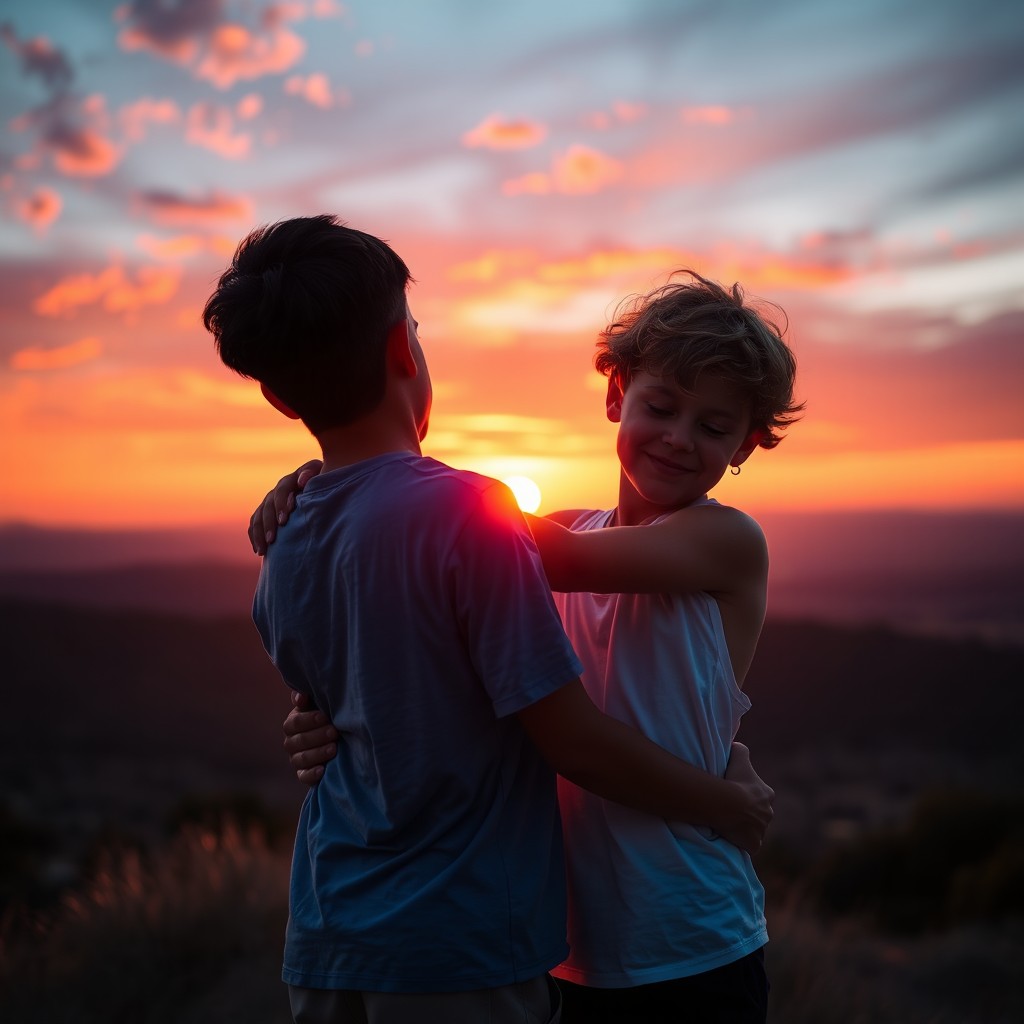 Two boys embracing in a beautiful sunset, with vibrant orange and pink hues filling the sky
