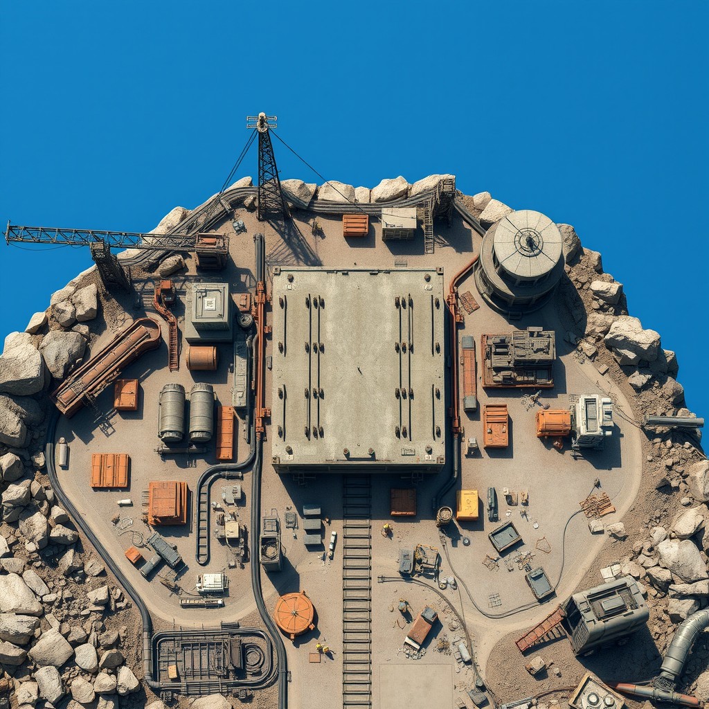 A detailed, top-down view of an industrial mining base, showcasing various elements such as mining equipment, conveyor belts, and storage facilities
