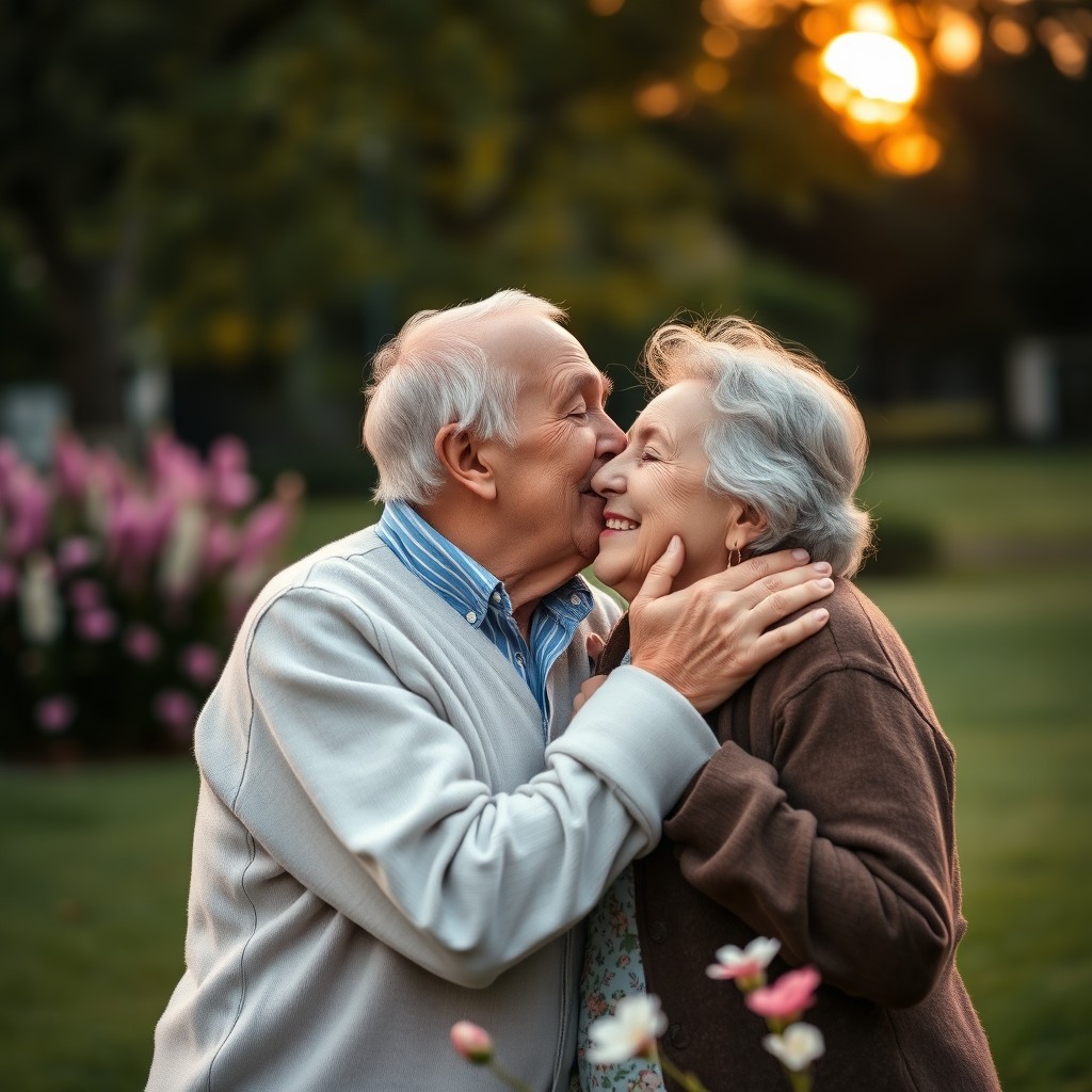 A tender and heartwarming scene depicting an elderly man gently kissing a woman, both sharing a moment filled with love and affection