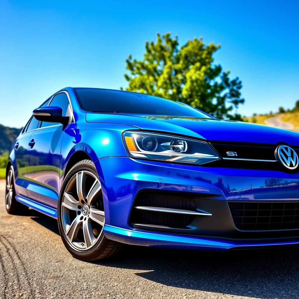 A stunning blue Volkswagen Jetta VR6 parked under a clear blue sky, showcasing its sleek lines and sporty design