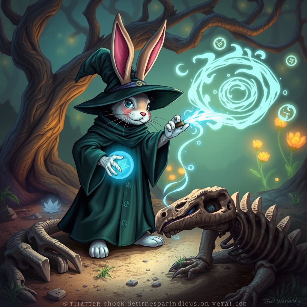 A whimsical scene featuring a bunny warlock, dressed in a flowing dark robe adorned with mystical symbols, standing confidently while casting a spell