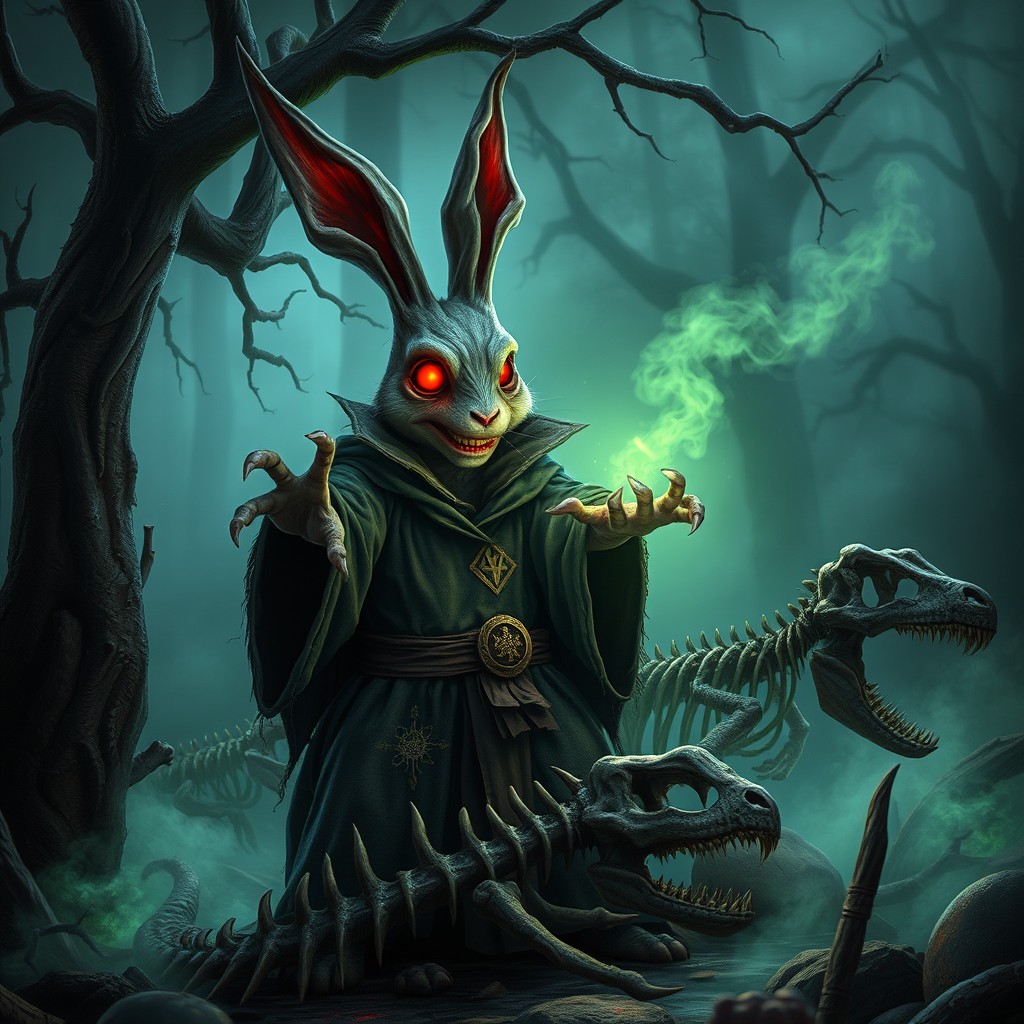 A chilling scene featuring a scary bunny warlock, with glowing red eyes and tattered dark robes, standing menacingly while casting a spell