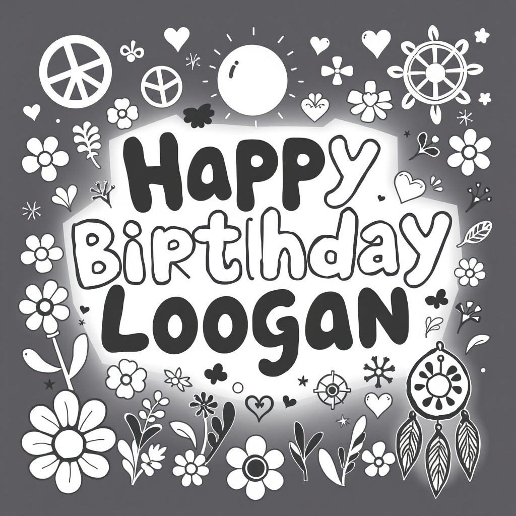 A whimsical birthday scene featuring the phrase 'Happy Birthday Logan' written in playful bubble letters