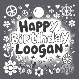 A whimsical birthday scene featuring the phrase 'Happy Birthday Logan' written in playful bubble letters