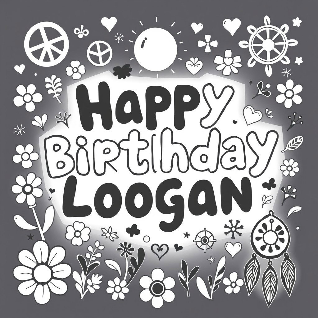 A whimsical birthday scene featuring the phrase 'Happy Birthday Logan' written in playful bubble letters