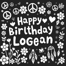 A whimsical birthday scene featuring the phrase 'Happy Birthday Logan' written in playful bubble letters
