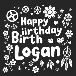 A whimsical birthday scene featuring the phrase 'Happy Birthday Logan' written in playful bubble letters