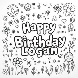 A whimsical birthday scene featuring the phrase 'Happy Birthday Logan' written in playful bubble letters