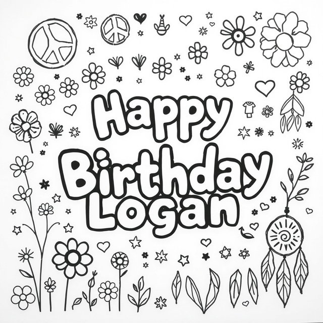 A whimsical birthday scene featuring the phrase 'Happy Birthday Logan' written in playful bubble letters
