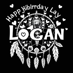 A whimsical black and white birthday design featuring the phrase "Happy Birthday Logan" with the name 'Logan' in large, cute, playful letters
