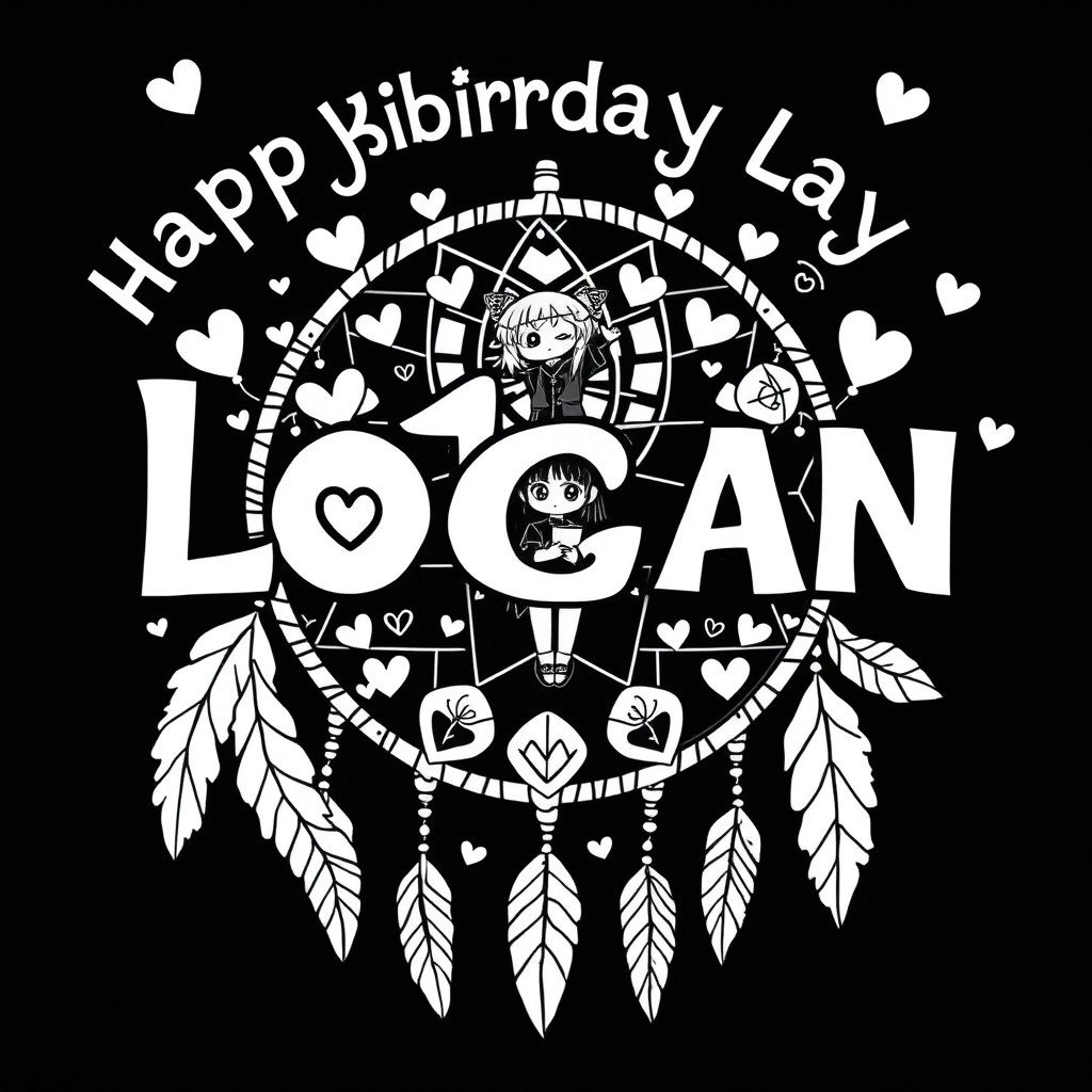 A whimsical black and white birthday design featuring the phrase "Happy Birthday Logan" with the name 'Logan' in large, cute, playful letters